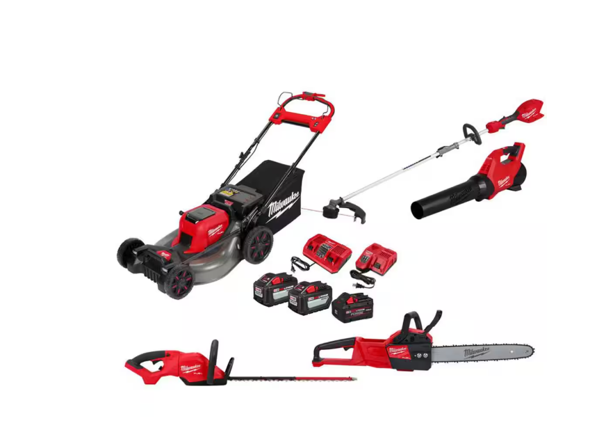 M18 FUEL 21-inch Brushless Self-Propelled Mower with String Trimmer, Blower, Hedge Trimmer, Chain Saw, (2) 12Ah Batteries and (1) 8Ah Batteries