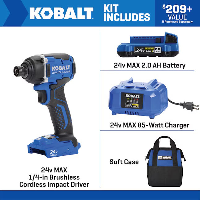 Kobalt 24-Volt 1/4-Inch Cordless Brushless Impact Driver (Battery, Charger, and Soft Bag Included)