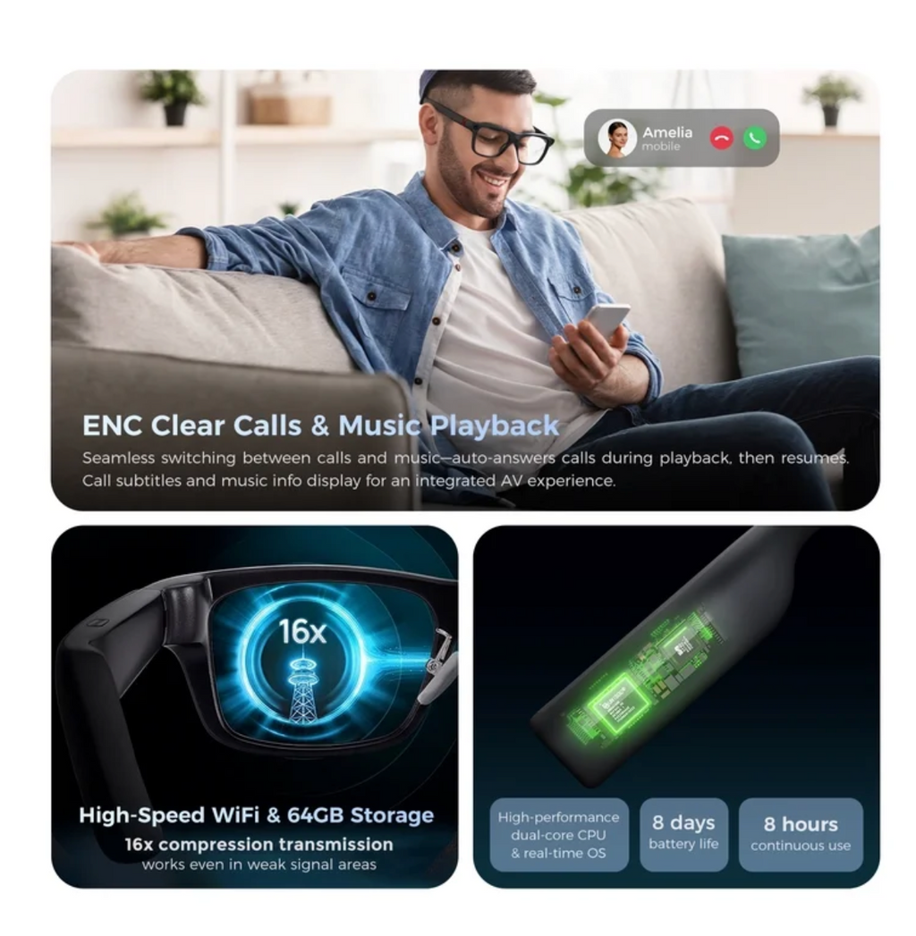 AI Smart Glasses with AR Display, 15 Languages, Real-Time Translation and Invisible Teleprompter, Bluetooth for Travel, Business, and Speaking (Unisex)
