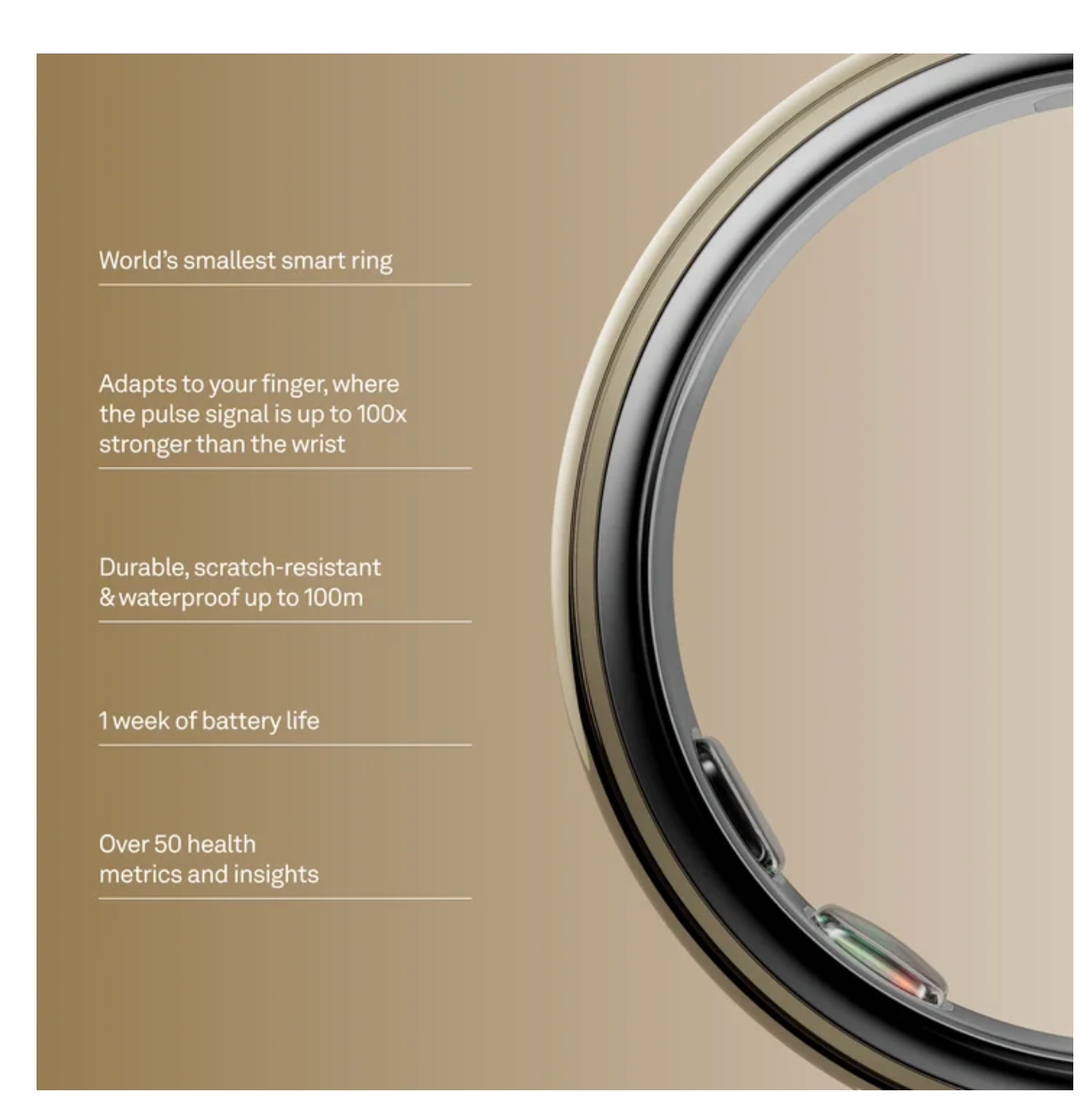 Oura Ring 5 - Golden - the Smallest Smart Ring in the World - Sleep, Activity, Women's Health, AI Advisor, 1 Week Battery Life, Choose the Size Before You Buy, Compatible with Android and iOS. SIZE 10
