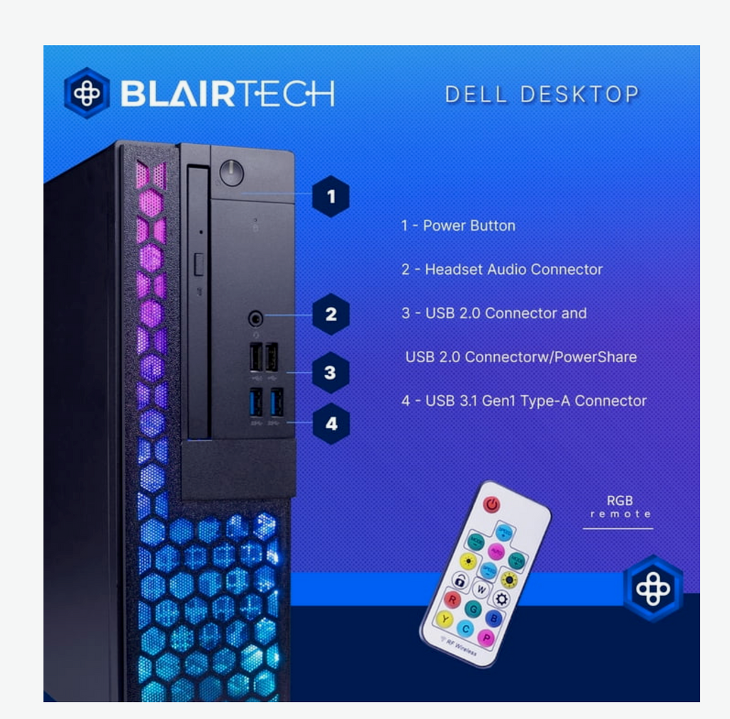 Dell RGB Desktop Computer - Intel i5 Hexagonal Core (3.2) / 16GB DDR4 RAM / 500GB SSD / Windows 11 Pro / 24in LCD Monitor / Home or Office PC