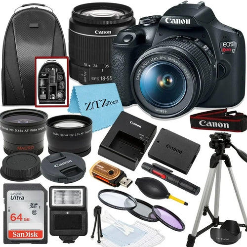 Canon EOS Rebel T7 DSLR Camera Bundle with 18-55mm Zoom Lens, SanDisk 64GB Memory Card, Tripod, Backpack, and ZeeTech Accessory (International Version)