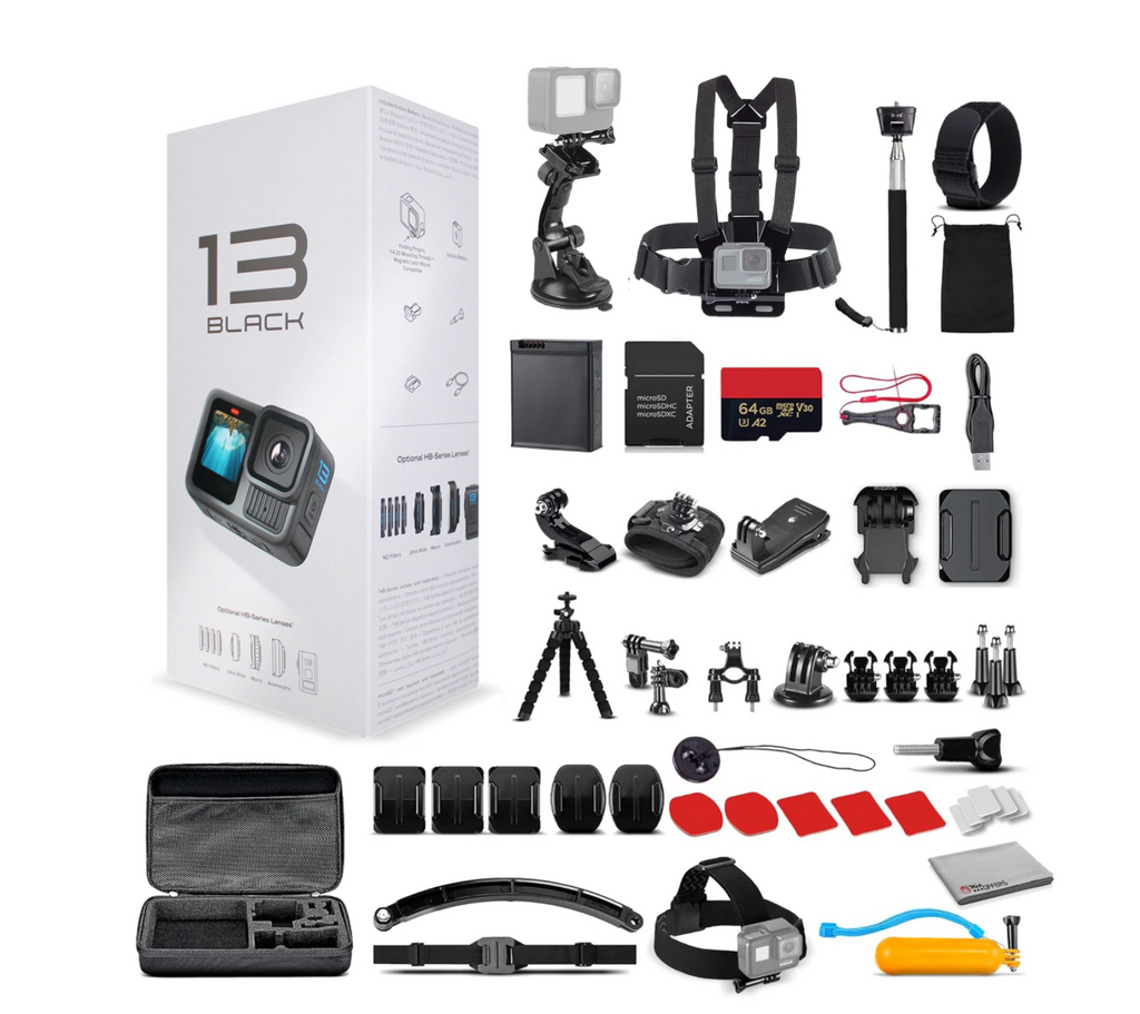 GoPro HERO13 Black Action Camera Waterproof 5.3K HDR with 64GB SD Card and 50-Piece DigiNerds Kit – 27MP Photo, Voice Control