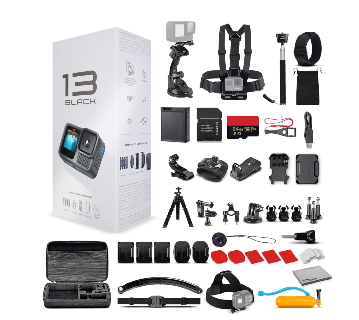 GoPro HERO13 Black Action Camera Waterproof 5.3K HDR with 64GB SD Card and 50-Piece DigiNerds Kit – 27MP Photo, Voice Control