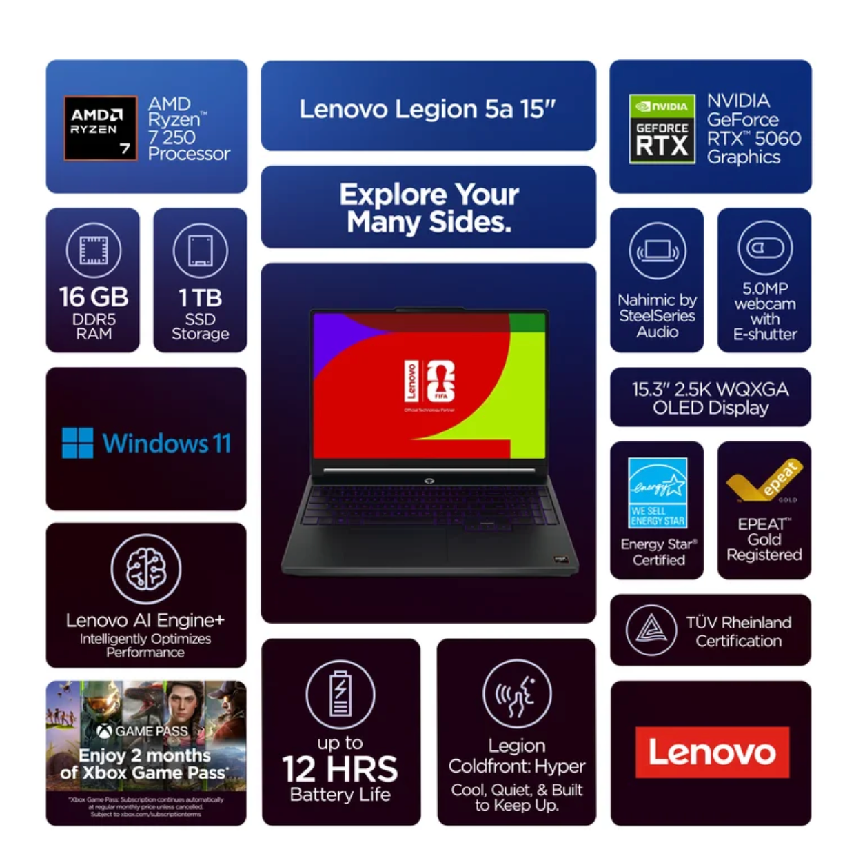 Lenovo Legion 5a Laptop WQXGA de 15.3", Ryzen 7 250, 1 6GB, 1TB, NVIDIA GeForce RTX 5060