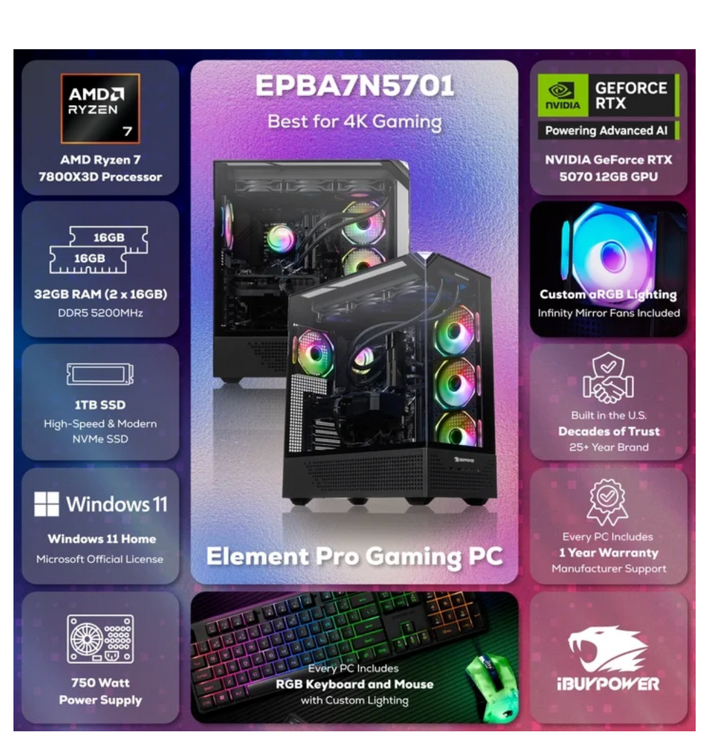 Gaming Desktop PC Element Pro, AMD Ryzen 7 7800X3D, NVIDIA GeForce RTX 5070 12GB, 32GB DDR5 RGB RAM, 1TB NVMe SSD, EPBA7N5701