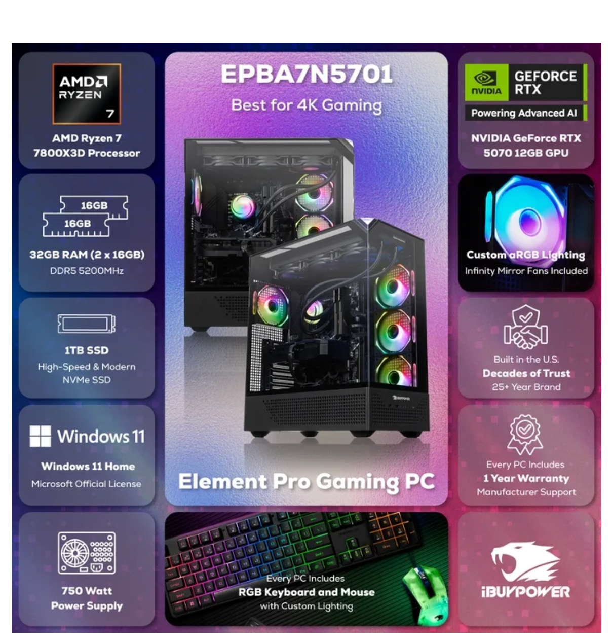 Gaming Desktop PC Element Pro, AMD Ryzen 7 7800X3D, NVIDIA GeForce RTX 5070 12GB, 32GB DDR5 RGB RAM, 1TB NVMe SSD, EPBA7N5701