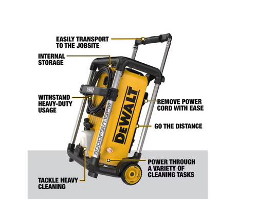 3000 PSI, 1.1 GPM and 15 A cold water electric pressure washer with internal equipment storage