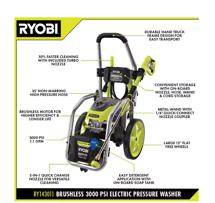 3000 PSI, 1.1 GPM Cold Water Electric Pressure Washer