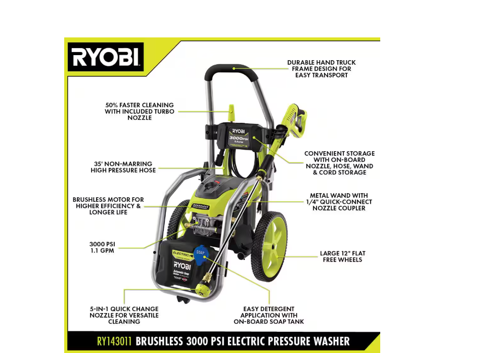 3000 PSI, 1.1 GPM Cold Water Electric Pressure Washer and 12-Inch Surface Cleaner with Caster Wheels